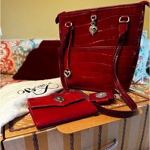 Brighton Red Croc Embossed Bucket Bag, Wallet and Keychain